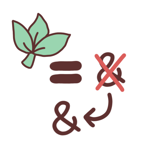 a three-leafed plant and an arrow going from a crossed out ampersand to a non-crossed out ampersand with an equal sign between them